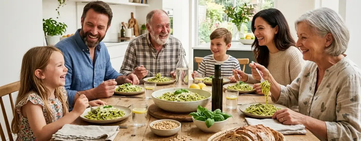 il benessere del pesto. famiglia che mangia il pesto