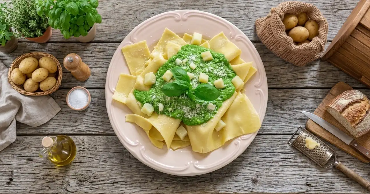 Lasagne al piatto con pesto e patate