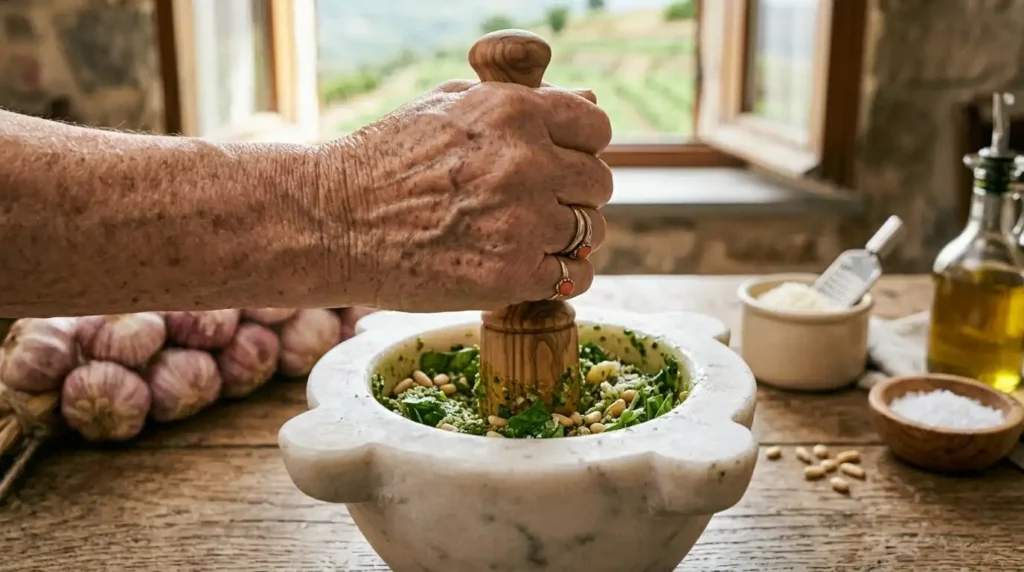 Ricetta originale del pesto genovese DOP secondo il Consorzio con il mortaio