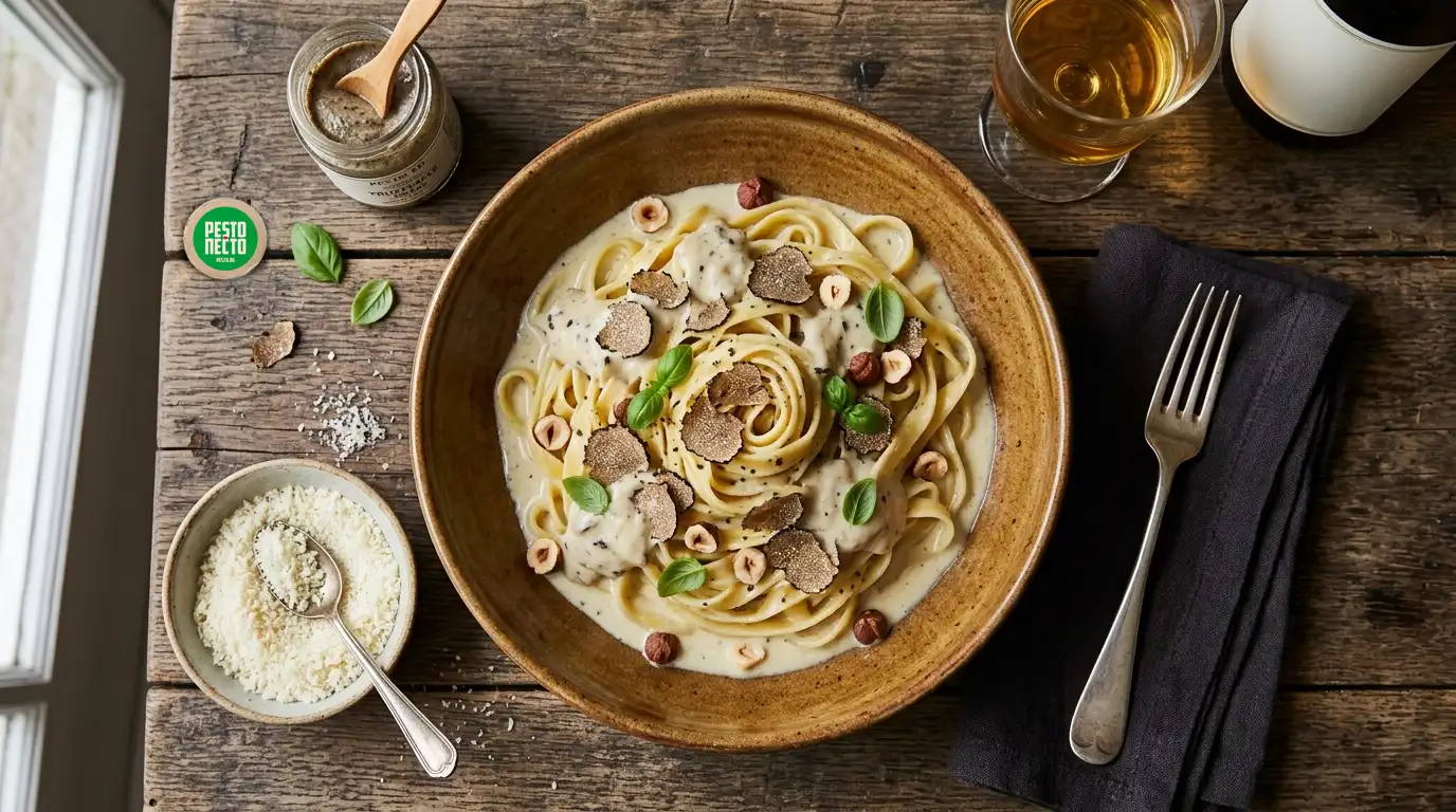 Tagliatelle al Tartufo con Fonduta di Grana Padano e Nocciole