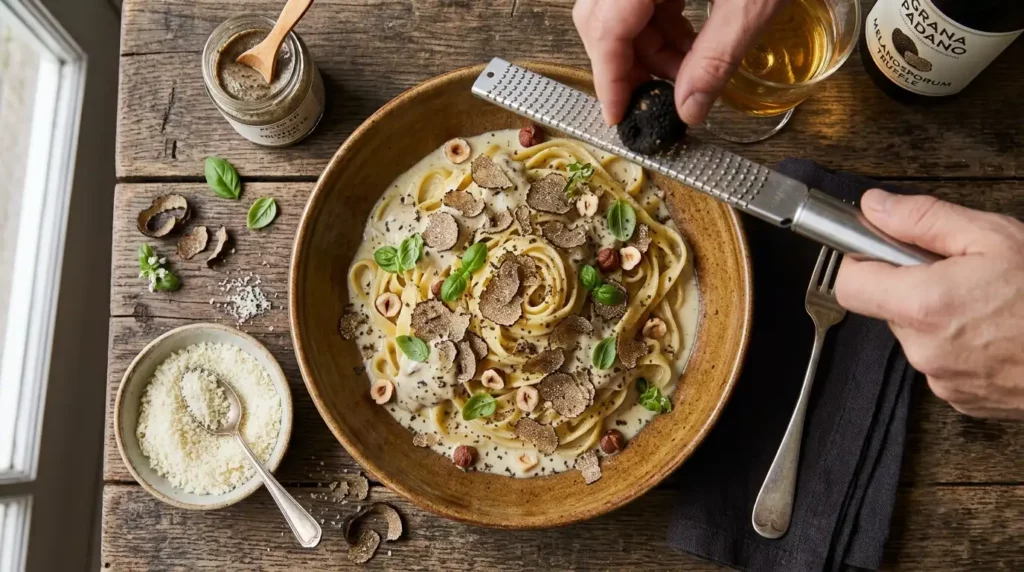 Tagliatelle with Truffle, Grana Padano Fondue, and Hazelnuts