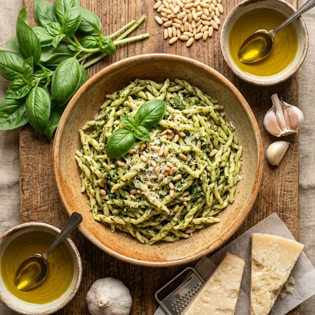 foto di un piatto di pasta al pesto sono trofie