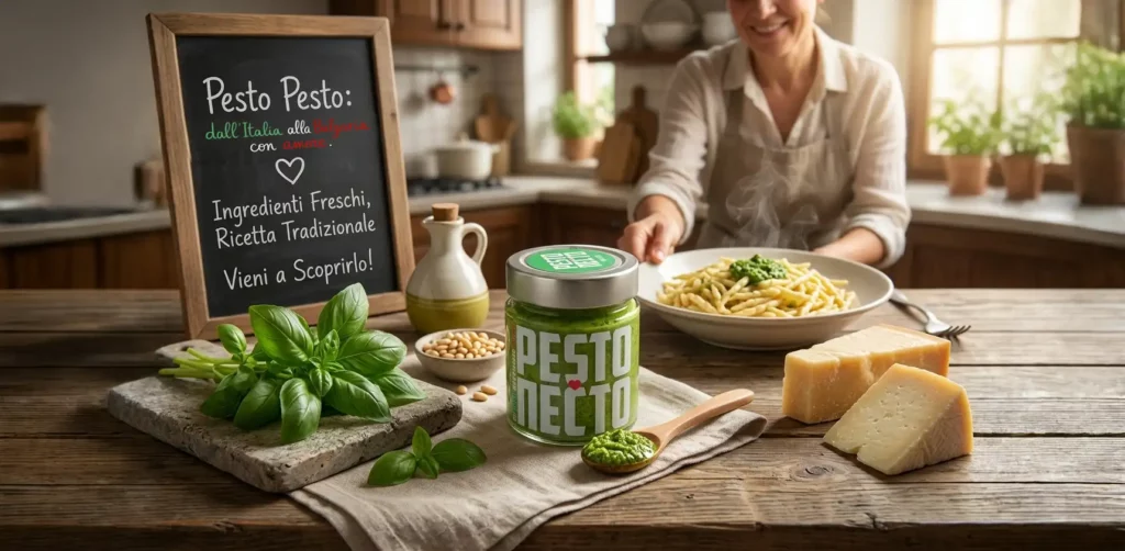 pesto pesto dall'italia alla bulgaria con amore. foto pubblicitaria del barattolo da 130gr