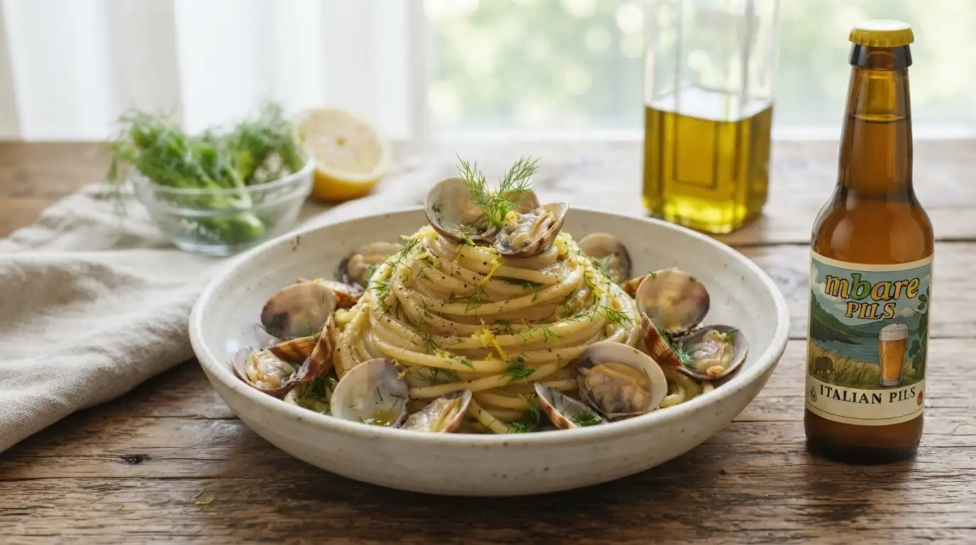 Spaghettone alla birra con Vongole Veraci, Limone e Finocchietto Selvatico