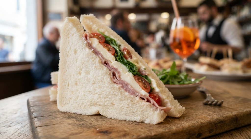 Italian tramezzino cut open with a spritz - soft crustless bread